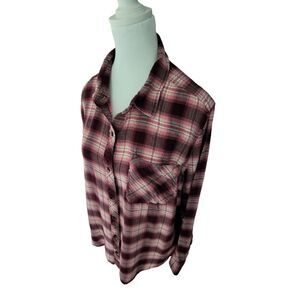 Time and Tru Long Sleeve light flannel Shirt Pink Black White Plaid Pocket XL